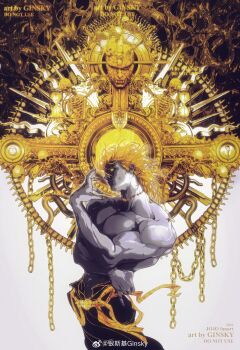 1boy abs absurdres arrow_(jojo) belt birthmark black_pants blonde_hair chain chinese_commentary colored_skin commentary_request dio_brando fingernails from_side gears ginsky2000 glowing glowing_eyes grey_skin highres hourglass joestar_birthmark jojo_no_kimyou_na_bouken jojo_pose male_focus medium_hair muscular muscular_male pants pectorals profile scar scar_on_face scar_on_neck short_hair skeleton skull solo stardust_crusaders stitches stone_mask_(jojo) sword topless_male watermark weapon weibo_username weibo_watermark yellow_belt yellow_eyes yellow_suspenders