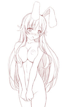 1girl animal_ears blush breasts_squeezed_together breasts rabbit_ears covering_privates covering_crotch embarrassed female_focus lineart long_hair looking_away medium_breasts monochrome nipples nude nude_cover open_mouth reisen_udongein_inaba sin-go solo standing touhou v_arms very_long_hair
