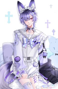 Rule 34 | 1boy, absurdres, ahoge, androgynous, animal ears, apron, black bow, black eyes, bow, choker, closed mouth, corset piercing, cowboy shot, cross, cross hair ornament, cross print, fox boy, fox ears, fox tail, frilled hairband, frills, gauze, gauze on leg, hair bow, hair ornament, hair over one eye, hairband, heterochromia, highres, long sleeves, looking at viewer, male focus, original, parted bangs, pink eyes, purple bow, purple choker, purple hair, purple shirt, saga666, sailor collar, shirt, short hair, simple background, solo, spiked choker, spikes, tail, tearing up, two-tone shirt, waist apron, white apron, white background, white bow, white hairband, white sailor collar, white shirt