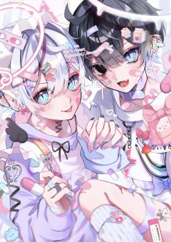 Rule 34 | 2boys, :d, bandaid, bandaid on face, bandaid on hand, black nails, blood, blood on leg, commentary request, decora, ear piercing, food, fruit, halo, highres, holding hands, kaminoq, looking at viewer, male focus, multiple boys, open mouth, original, piercing, pink nails, pointy ears, razor, ribbon, smile, strawberry, sweatdrop, thigh strap, tongue, tongue out, watermark, yellow eyes, yume kawaii