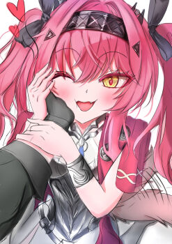 1boy 1girl armor black_bow black_gloves blush bow breastplate breasts collar commentary_request fang gloves grabbing_another's_arm hair_between_eyes hair_bow hairband hand_on_another's_cheek hand_on_another's_face headgear highres jewelry long_hair lupa_(wuthering_waves) male_rover_(wuthering_waves) metal_collar metal_hairband one_eye_closed open_mouth pink_hair pov red_pupils red_sash rover_(wuthering_waves) sash tail upper_body user_pxct3527 wolf_girl wolf_tail wuthering_waves yellow_eyes