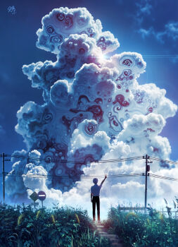 1boy absurdres arm_up black_pants cloud collared_shirt commentary_request cumulonimbus_cloud from_behind full_body highres hikaru_ga_shinda_natsu indou_hikaru mmagmatagurta pants power_lines road_sign shirt shirt_tucked_in shoes short_hair sign sky solo stairs standing stop_sign utility_pole white_hair white_shirt white_shoes