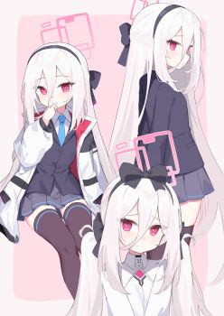 1girl absurdres alternate_hairstyle black_bow black_hairband black_skirt black_thighhighs black_vest blue_archive blue_necktie blush bow bow_hairband bright_pupils closed_mouth collared_shirt commentary double-parted_bangs embarrassed furrowed_brow hair_between_eyes hair_bow hairband halo highres jacket kei_(blue_archive) kei_(new_body)_(blue_archive) klaius light_blush long_hair long_hair_between_eyes long_sidelocks looking_at_viewer looking_back low_twintails multiple_views necktie open_clothes open_jacket pink_eyes pink_halo pleated_skirt rectangular_halo ringed_eyes school_uniform shirt sidelocks sitting skirt small_sweatdrop smile standing straight_hair sweatdrop thighhighs twintails variations very_long_hair vest white_jacket white_pupils white_shirt zettai_ryouiki