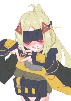1girl absurdres ashimi_fugo black_shrug blindfold_mask blonde_hair blush covered_eyes fingerless_gloves gloves glowing_mask hair_ornament heart heart_hands highres long_hair mask navel shrug_(clothing) simple_background solo tongue tongue_out triangle_hair_ornament trigger_(zenless_zone_zero) very_long_hair white_background zenless_zone_zero