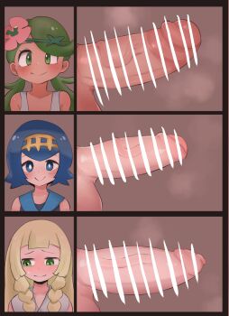3futa bar_censor blonde_hair blue_eyes blue_hair blush braid censored chart comparison erection flower flower_on_head foreskin futanari green_eyes green_hair hair_ornament highres lana_(pokemon) lillie_(pokemon) long_hair mallow_(pokemon) medium_hair multiple_futa nintendo penis penis_chart penis_comparison penis_size_difference phimosis pokemon pokemon_sm smile sweatdrop testicles veins veiny_penis zkky2nd