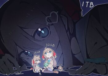 :3 ahoge animal animal_ears aqua_bow aqua_bowtie asymmetrical_legwear bandaid bandaid_on_knee bandaid_on_leg blue_background blue_eyes blue_light blue_sailor_collar blue_skirt blush_stickers bow bowtie brown_hair brown_shoes cardigan cat_ears cat_girl cat_tail chibi closed_mouth commentary covered_mouth double-parted_bangs eenightlamp english_commentary film_grain hair_between_eyes hair_ornament hair_ribbon heart heart_hair_ornament highres holding holding_animal jitome knees_up loafers long_hair long_sleeves looking_at_viewer looking_up lying mini_person miniskirt neuro-sama on_side outline pleated_skirt red_ribbon ribbon sailor_collar school_uniform serafuku shoes sitting size_comparison size_difference skirt tail tail_bow tail_ornament time_paradox turtle twitter_username two_side_up uneven_legwear vedal987 vedal_ai very_long_hair virtual_youtuber wariza white_outline yellow_cardigan