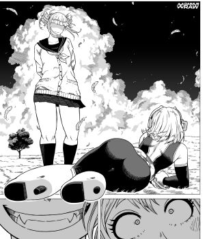 2girls absurdres arms_behind_back artist_name ass blush bodysuit boku_no_hero_academia boots braid daimus_raw evil_smile fang female_focus hair_bun hero_outfit_(mha) highres huge_ass lying marvel miniskirt monochrome multicolored_bodysuit multiple_girls on_side sailor_collar scene_reference school_uniform serafuku short_hair sidelocks skin_tight skirt smile superhero_costume teeth toga_himiko twin_braids uraraka_ochako uraraka_ochako_(hero_outfit) watermark x-men x-men:_the_animated_series you_gonna_get_raped