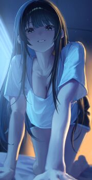 1girl all_fours backlighting black_hair black_shorts blush breasts cleavage commentary downblouse green_eyes grin highres indoors large_breasts long_hair long_sidelocks looking_at_viewer looking_down night no_hair_ornament nyo2_ng on_bed pov shirayuki_hina shirt short_shorts short_sleeves shorts sidelocks smile solo stellive straight_hair t-shirt very_long_hair virtual_youtuber white_shirt