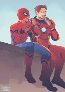 Rule 34 | 2boys, animal print, arc reactor, armor, artist name, blue bodysuit, blue sky, bodysuit, brown hair, closed eyes, closed mouth, commentary, day, doner kebab, doner sandwich, eating, english commentary, facial hair, food, full armor, hand up, hands up, holding, holding food, iron man, lightningstrikes, male focus, marvel, mask, multicolored armor, multicolored bodysuit, multiple boys, open mouth, orange armor, outdoors, peter parker, power armor, red armor, red bodysuit, red mask, short hair, sitting, sky, smile, spider-man, spider-man: homecoming, spider-man (series), spider print, spider web print, superhero costume, teeth, tongue, tony stark, two-tone bodysuit, web shooter