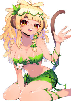 1girl absurdres animal_ears bananajuju blonde_hair breasts brown_eyes brown_tail cleavage dreadlocks highres indie_virtual_youtuber kuromata large_breasts leaf_bra leaf_skirt long_hair looking_at_viewer monkey_ears monkey_girl monkey_tail navel open_mouth plant_clothing simple_background solo tail teeth upper_teeth_only virtual_youtuber white_background