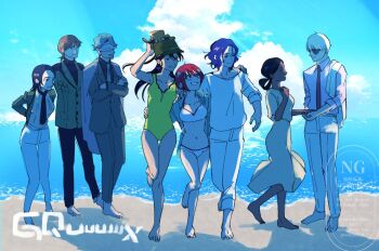 4boys 4girls amate_yuzuriha aqua_eyes barefoot beach beard beeeeetan bikini bindi black_hair blonde_hair blue_hair blush breasts brown_hair challia_bull char_aznable closed_mouth colored_inner_hair commentary_request comoli_harcourt conch_(gundam) copyright_name dark-skinned_female dark_skin day double_bun dress facial_hair forehead formal_clothes green_eyes green_hair gundam gundam_gquuuuuux hair_bun holding jacket lalah_sune long_hair long_sleeves mask military_uniform mole mole_under_eye mole_under_mouth multicolored_hair multiple_boys multiple_girls mustache necktie nyaan_(gundam_gquuuuuux) ocean open_mouth outdoors purple_hair red_eyes red_hair sand shirt short_hair shuji_ito smile suit sunglasses swimsuit tank_top two-tone_hair water watermark white_shirt xavier_olivette yellow_dress yellow_eyes zeon