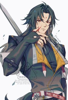 1boy ahoge black_hair black_jacket black_tail blood blood_on_face chinese_clothes closed_mouth commentary droopy_ears english_commentary facial_mark forehead_mark hand_up highres holding holding_behind_back holding_sword holding_sword_behind_back holding_weapon holding_weapon_behind_back jacket kuro_lee long_hair male_focus parted_bangs red_eyes simple_background solo sword transformation twitter_username upper_body weapon white_background wiping_blood ye_shiyuan zenless_zone_zero