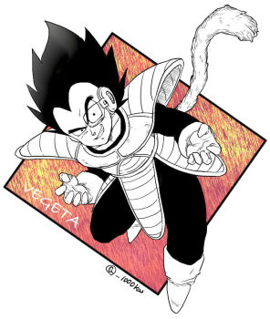 1boy boots character_name commentary_request crazy_eyes crazy_grin crazy_smile dragon_ball dragonball_z full_body gloves greyscale_with_colored_background grin male_focus monkey_tail saiyan_armor scouter senka-san smile solo tail twitter_username vegeta