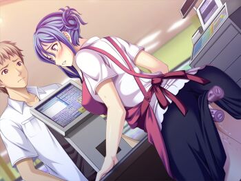 1boy 1girl anal anal_object_insertion aniyome_chijoku_no_time_sale aotonbo apron blush clenched_teeth clerk discreet_vibrator double_penetration hetero humiliation masturbation multiple_penetration object_insertion public_indecency public_vibrator pussy_juice sex_toy shop sneaky stealth teeth text_focus vaginal vaginal_object_insertion vibrator