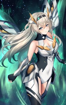 1girl absurdres armor bikini_armor black_gloves bodysuit breasts cleavage covered_navel fingerless_gloves firefly_(honkai:_star_rail) gloves green_pupils grey_armor grey_bodysuit hair_between_eyes hair_intakes hair_ornament highres honkai:_star_rail honkai_(series) large_breasts multicolored_eyes shouhaku0512 solo