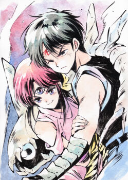 1boy 1girl 3x3_eyes agahari arm_guards belt black_belt black_eyes black_gloves black_hair black_shirt blue_eyes blue_pants closed_mouth clothing_cutout commentary_request dutch_angle fingerless_gloves fujii_yakumo gloves hand_on_another&#039;s_arm highres hueio monster one-eyed one_eye_closed pants parvati_iv pink_shirt red_hair shirt shoulder_cutout sleeveless sleeveless_shirt smile third_eye