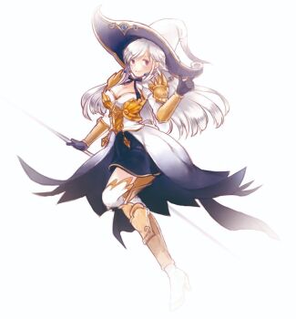 Rule 34 | 1girl, adapted costume, black gloves, black skirt, boots, braid, breasts, cleavage, cleavage cutout, closed mouth, clothing cutout, commentary request, full body, gloves, gobaku no hito, hat, holding, holding staff, large breasts, long hair, looking at viewer, purple eyes, ragnarok masters, ragnarok online, shirt, simple background, skirt, smile, solo, staff, standing, standing on one leg, thigh boots, warlock (ragnarok online), white background, white boots, white hair, white hat, white shirt, witch hat