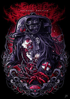 1girl absurdres artist_name baseball_cap bilingual_commentary bird black_background black_bird black_choker black_hair black_hat black_jacket black_nails blood blood_on_face chain choker clothing_cutout commentary cross crow ear_piercing earclip earlobe_stretcher earrings english_commentary eyeball forked_tongue from_side gorezono_neo_(yu-ki_iwata) gums guro hair_chain hair_ornament hand_on_own_chin hat hat_belt hat_chain hat_ornament hat_pin heart_(organ) highres hood hood_down hooded_jacket inverted_cross jacket jewelry long_sleeves looking_at_viewer medium_hair mixed-language_commentary nail_polish original piercing red_eyes ribs ring shoulder_cutout sideways_glance signature skull skull_hair_ornament solo spiked_choker spiked_ear_piercing spikes teeth tongue tongue_out tongue_piercing yu-ki_iwata