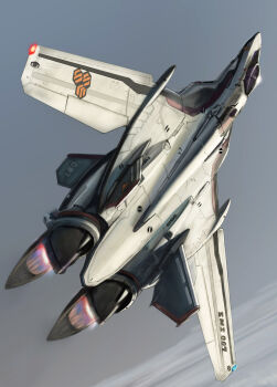 00s aircraft airplane fighter_jet flying highres macross macross_frontier mecha military military_vehicle mimura_kaoru no_humans robot sky vehicle_focus vf-25