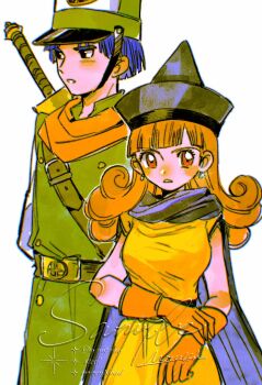 1boy 1girl adjusting_clothes adjusting_gloves alena_(dq4) black_hat blue_cloak blue_hair blunt_bangs blush breasts brown_eyes brown_hair clift cloak coat cowboy_shot curly_hair dragon_quest dragon_quest_iv dress earrings gloves green_coat green_hat hat highres jewelry medium_breasts mitre mouyi orange_gloves orange_scarf parted_bangs parted_lips scarf sword sword_on_back weapon weapon_on_back white_background yellow_dress