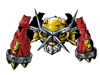 claws digimon drill gen_3_pokemon mecha metagross n36hoko nintendo parody pokemon robot shoutmon_x7 simple_background trait_connection what white_background bad_tag yellow_eyes