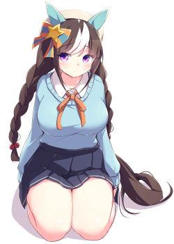 Rule 34 | 1girl, absurdres, animal ears, aqua sweater, beret, blue skirt, blue sweater, blush, bow, braid, breasts, brown hair, casual, closed mouth, collared shirt, commentary request, ear bow, ear covers, hat, highres, hokko tarumae (casual) (umamusume), hokko tarumae (umamusume), horse ears, horse girl, horse tail, kanzakietc, large breasts, long braid, long hair, looking at viewer, multicolored hair, neck ribbon, orange ribbon, purple eyes, ribbon, sailor hat, seiza, shirt, simple background, sitting, skirt, solo, striped bow, striped hair, sweater, tail, twin braids, umamusume, white background, white hat, white shirt