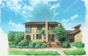 atsumori177 blue_sky bush chimney cloud commentary_request grass house no_humans original painting_(medium) path pine_tree road scenery sky traditional_media tree