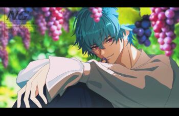 1boy alternate_costume blue_hair blurry blurry_background brant_(wuthering_waves) commentary earrings food fruit grapes hair_between_eyes highres holding holding_food holding_fruit jewelry letterboxed looking_at_viewer male_focus parted_lips pink_eyes sae_naiyatsu short_hair sitting smile solo symbol-only_commentary watermark wuthering_waves