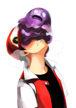 Rule 34 | 1990s (style), 1boy, bad id, bad pixiv id, baseball cap, black hair, black shirt, blush, breath, clenched teeth, drooling, gen 1 pokemon, grimer, hat, jacket, nintendo, pokemon, pokemon (creature), pokemon red/green/blue/yellow, red (pokemon), retro artstyle, saliva, shako, shirt, teeth, upper body, what