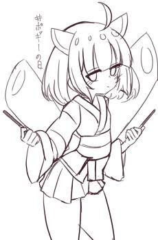 1girl ahoge chabatake_yunomi food greyscale highres japanese_clothes kimono kiritanpo_(food) monochrome pocky pocky_day solo touhoku_kiritan twintails voiceroid white_background