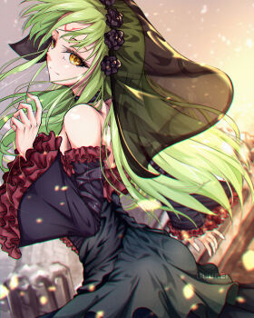 1girl absurdres artist_name bare_shoulders black_dress c.c. closed_mouth code_geass commentary detached_sleeves dress english_commentary facial_mark floating_hair frilled_sleeves frills from_side green_hair guurei highres light_particles long_hair long_sleeves looking_at_viewer solo veil very_long_hair watermark yellow_eyes