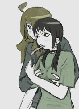 Rule 34 | 2girls, black hair, blonde hair, breasts grabbed from behind, chito (shoujo shuumatsu ryokou), choker, grope from behind, groping, groping breast, highres, multiple girls, shoujo shuumatsu ryokou, squidmiku , yuri, yuuri (shoujo shuumatsu ryokou)