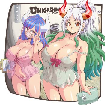 2girls blue_hair breasts cleavage lewdamone long_hair multicolored_hair multiple_girls one_piece ulti_(one_piece) yamato_(one_piece)
