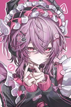 Rule 34 | 1boy, bandaid, bandaid on finger, bandaid on hand, black hairband, black jacket, black nails, closed mouth, commentary, dragon horns, durin (genshin impact), genshin impact, hair ornament, hairband, hairclip, horns, jacket, long hair, long sleeves, male focus, pink hair, red eyes, solo, symbol-only commentary, touyu 1210, x hair ornament