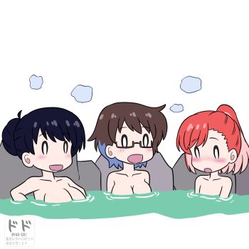2020s 2025 3girls arato_nagi artist_logo black_hair blue_hair blush breast_envy breasts brown_hair chibi chibi_only embarrassed flat_chest fog hair_bun happy highres imari_youko large_breasts logo long_hair looking_at_own_stomach multicolored_hair multiple_girls onsen open_mouth pink_hair ponytail red_hair ruri_no_houseki seto_shouko short_hair water yad_ddi