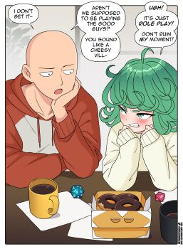 1boy 1girl :o absurdres bald blush brown_sweater clenched_teeth cup dice donut english_text food green_hair grey_hoodie highres hood hood_down hoodie long_sleeves nico-neko one-punch_man paper red_hoodie saitama_(one-punch_man) speech_bubble sweater talking tatsumaki teeth upper_body