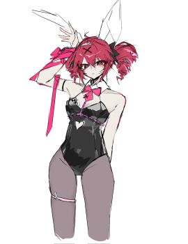 1girl black_leotard clothing_cutout drill_hair hair_ornament heart_cutout kasane_teto leotard playboy_bunny rabbit_hair_ornament rabbit_hole_(vocaloid) red_hair thigh_strap twin_drills ummwa utau vocaloid