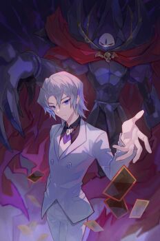 1boy 1other blue_eyes card destiny_hero_-_doom_lord duel_monster edo_phoenix formal_clothes grey_hair hair_between_eyes highres jacket long_sleeves looking_at_viewer lshs_fsqx male_focus necktie short_hair suit tagme white_necktie white_suit yu-gi-oh!
