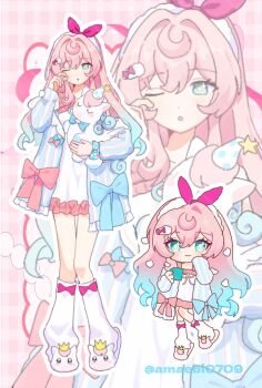 Rule 34 | 1girl, ;o, amaebi0709, animal, animal ears, animal shoes, blue bow, blue bowtie, blue hair, bow, bowtie, chibi, chibi inset, closed eyes, closed mouth, commentary, crown, cup, english commentary, full body, gradient hair, green eyes, green hair, hairband, hashtag-only commentary, highres, holding, holding animal, holding cup, honkai: star rail, honkai (series), horse ears, hyacine (honkai: star rail), hyacine (sweet slumber) (honkai: star rail), little ica (honkai: star rail), looking at viewer, memosprite, mini crown, mini wings, multicolored hair, no mouth, official alternate costume, one eye closed, open mouth, pegasus, pink bow, pink hair, socks, standing, standing on one leg, twitter username, u u, white hairband, white socks, wings