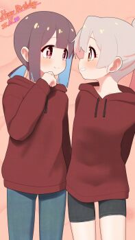 2girls adversarial_noise alternate_costume arms_behind_back bike_shorts blue_hair blue_pants blush brown_eyes brown_hair commentary cowboy_shot dated drawstring eye_contact grey_hair grin happy_birthday happyundergate highres hood hoodie hozuki_momiji long_hair long_sleeves looking_at_another matching_outfits multicolored_hair multiple_girls onii-chan_wa_oshimai! oyama_mahiro pants pink_background pink_hair ponytail red_hoodie short_hair short_ponytail simple_background smile two-tone_hair