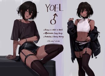 1boy bare_shoulders black_choker black_shorts black_skirt blush bulge character_name choker collarbone commentary crop_top crossdressing crossdressing_(mtf) dark-skinned_male dark_skin earphones english_commentary english_text frilled_thigh_strap girly_boy grey_background hair_between_eyes happy highres jacket male_focus mars_symbol mole mole_on_thigh nail_polish navel off_shoulder open_clothes open_jacket original panties pink_lips reference_sheet samsara_(shuukeura) shiny_skin short_hair shorts simple_background sitting skindentation skirt smile standing thigh_strap thighs trap underwear yoel_(samsara)