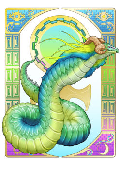 beak blue_eyes brown_horns dragon horns kobayashi-san_chi_no_maidragon looking_at_viewer lucoa_(maidragon) multiple_horns quetzalcoatl_(mythology) sharp_teeth slit_pupils snake teeth tekkotsu_robocon