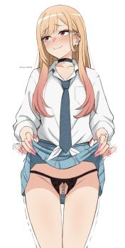 Rule 34 | 1girl, absurdres, black choker, black panties, blonde pubic hair, blue necktie, blue skirt, blush, choker, closed mouth, clothes lift, collarbone, commentary, crotchless, crotchless panties, ear piercing, female pubic hair, fingernails, gradient hair, highres, kagironsfw, kitagawa marin, lifting own clothes, long hair, looking to the side, multicolored hair, necktie, orange hair, panties, piercing, pink nails, pubic hair, red eyes, school uniform, shirt, simple background, skirt, skirt lift, solo, sono bisque doll wa koi wo suru, thigh gap, tied shirt, trembling, twitter username, underwear, white background, white shirt