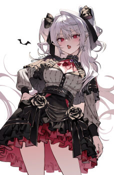 Rule 34 | 1girl, ascot, black capelet, black skirt, blush, bow, breasts, capelet, cleavage, cowboy shot, fang, genderswap, genderswap (mtf), grey hair, hair bow, hand on own hip, highres, kuzuha (nijisanji), layered skirt, long hair, long sleeves, medium breasts, mole, mole under eye, nail polish, nijisanji, pointy ears, q (llll4414 j), red ascot, red eyes, red skirt, sanya (kuzuha), simple background, skin fang, skirt, solo, two side up, virtual youtuber, white background