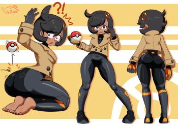 !? 1girl :3 :o absurdres aiming_at_another&#039;s_ass ass barefoot black_bodysuit black_hair blue_eyes blush bodysuit bodysuit_under_clothes bouncing_ass brown_jacket curvy dark-skinned_female dark_skin emma_(pokemon) full_body gloves highres holding holding_poke_ball huge_ass jacket kasutoo kneeling looking_back multiple_views nintendo poke_ball poke_ball_(basic) pokemon pokemon_legends:_z-a purple_eyes shiny_clothes short_hair simple_background smile solo surprised throwing throwing_poke_ball two-tone_background unworn_footwear white_background wide_hips