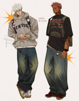 2boys absurdres against_railing alternate_costume alternate_skin_color animal_charm arm_tattoo backpack badge bag baggy_pants band_shirt bead_bracelet beads belt_charm black_bag black_shirt blue_eyes bracelet button_badge cat_charm character_badge charm_(object) chiikawa_(character) closed_mouth clothes_writing commentary crossed_ankles cyber_sigilism denim english_commentary eyebrow_cut face_piercing facial_tattoo full_body glasses gojou_satoru grey_bag grey_hoodie hachiware_(chiikawa) hair_between_eyes hand_in_pocket highres hood hoodie jeans jewelry jujutsu_kaisen koromon labret_piercing looking_at_another looking_to_the_side merchandise mouth_piercing multiple_boys neck_tattoo nose_piercing obituary_(band) oversized_clothes oversized_shirt pants piercing pink_floyd pink_hair piyomon plug_(piercing) print_shirt railing red_eyes red_shoes ryoumen_sukuna_(jujutsu_kaisen) shirt shoes short_hair sneakers sonic_the_hedgehog standing streetwear sweatdrop t-shirt tan tattoo clothes_writing to_0fu tumblr_username watch white_background white_hair white_shirt white_shoes wristwatch y2k_fashion yagami_hikari yagami_taichi