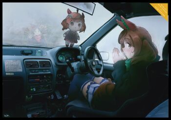 2girls :d absurdres animal_ears balladeluce black_border black_hair blue_coat border breath brown_eyes brown_hair car_interior character_doll clock coat commentary_request digital_clock doll ear_covers frilled_skirt frills gear_shift green_scarf highres horse_ears horse_girl horse_tail long_sleeves looking_at_viewer marvelous_sunday_(umamusume) multiple_girls nice_nature_(umamusume) open_mouth purple_thighhighs rear-view_mirror red_scarf right-hand_drive scarf sideways_glance sitting skirt smile speedometer steering_wheel tail thighhighs twintails two_side_up umamusume warming_hands waving white_skirt yellow_eyes