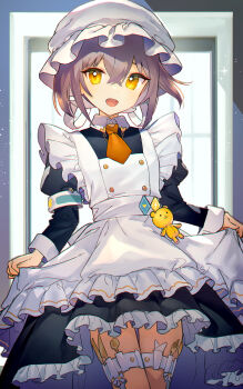 1girl :d ainy apron black_dress brown_hair collared_dress commentary_request contrast_collar cowboy_shot double-parted_bangs dress fangs frilled_apron frilled_dress frills hat highres indie_virtual_youtuber looking_at_viewer maid mob_cap necktie open_mouth orange_necktie orange_thighhighs short_hair short_necktie skirt_hold smile solo thighhighs totowa_hatsuka virtual_youtuber white_apron white_hat yellow_eyes zettai_ryouiki