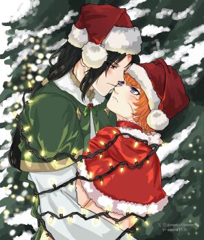 Rule 34 | 1boy, 1girl, absurdres, black hair, blush, cat girl, choker, christmas lights, closed mouth, collar, commentary, commission, commissioner upload, facepaint, facial mark, fire emblem, fire emblem: path of radiance, fire emblem: radiant dawn, forehead mark, fur trim, glaring, green shawl, hat, highres, holly, hug, laguz (fire emblem), lethe (fire emblem), looking at another, nintendo, orange hair, ponytail, purple eyes, red choker, red collar, red eyes, santa hat, shawl, sierra117renner, snow, soren (fire emblem), tree, whisker markings, white fur, wrapped up, ych commission
