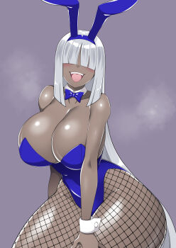 Rule 34 | 1girl, animal ears, blue leotard, blunt ends, blush, bow, bowtie, breasts, commentary request, dark skin, detached collar, fake animal ears, fangs, fishnet pantyhose, fishnets, hair over eyes, highleg, highleg leotard, highres, huge breasts, leotard, long bangs, long hair, majin (marcia), original, pantyhose, playboy bunny, rabbit ears, rabbit tail, smile, solo, strapless, strapless leotard, tail, tan, very long hair, white hair, white wrist cuffs, wrist cuffs